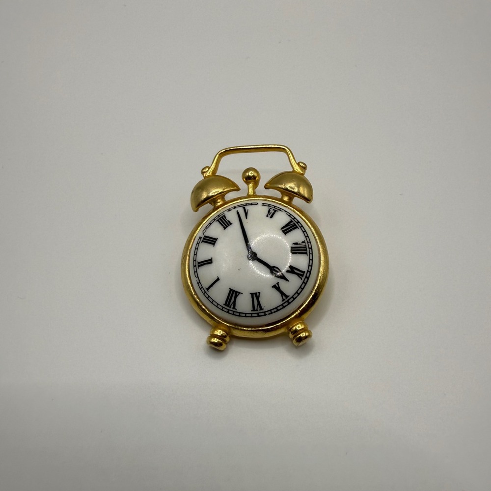 Vintage Gold Tone Alarm Clock Brooch Roman Numeral Face Novelty Pin